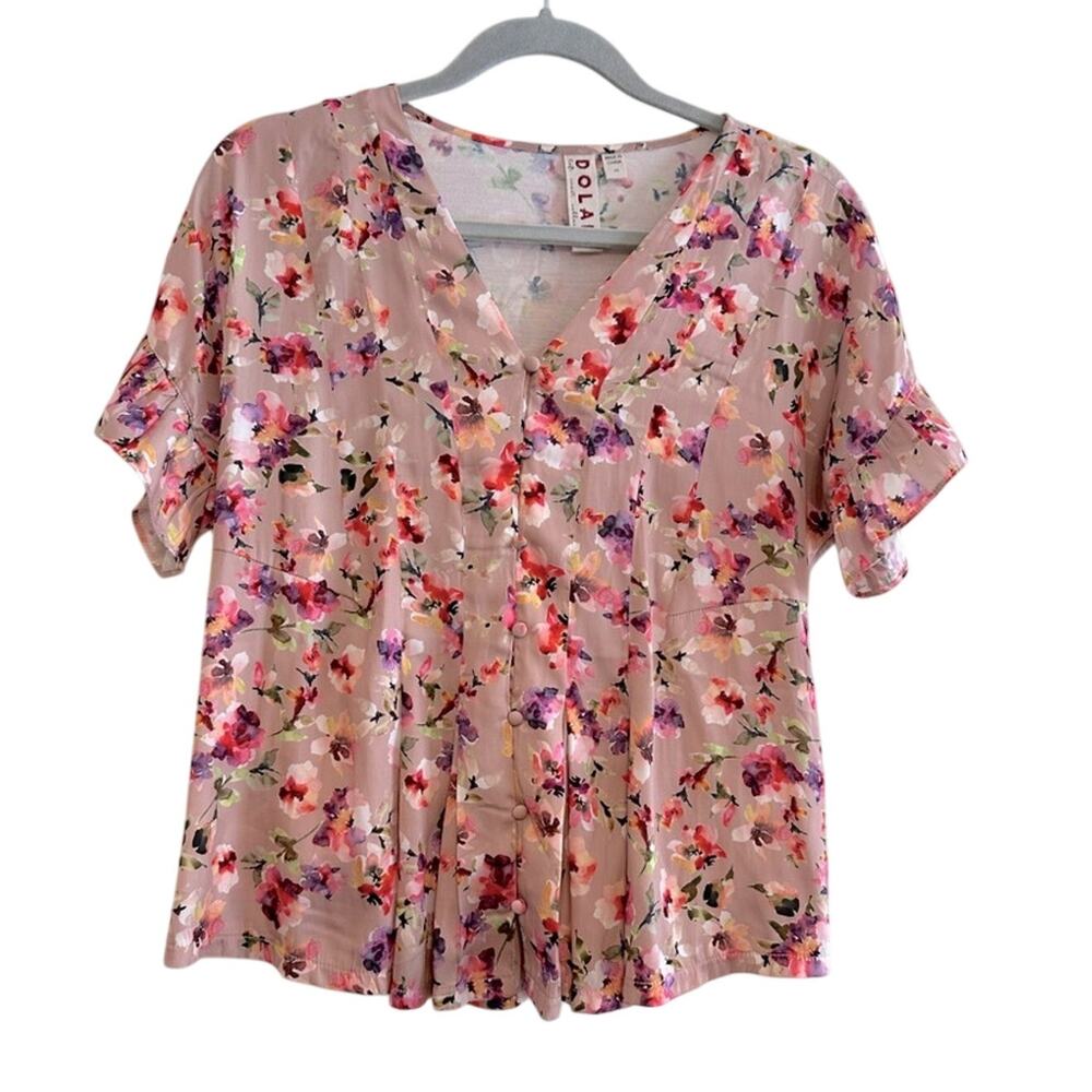Dolan Mitzi Floral Ruffle Sleeve Blouse XS Mixed Media Satin Anthro Top EUC